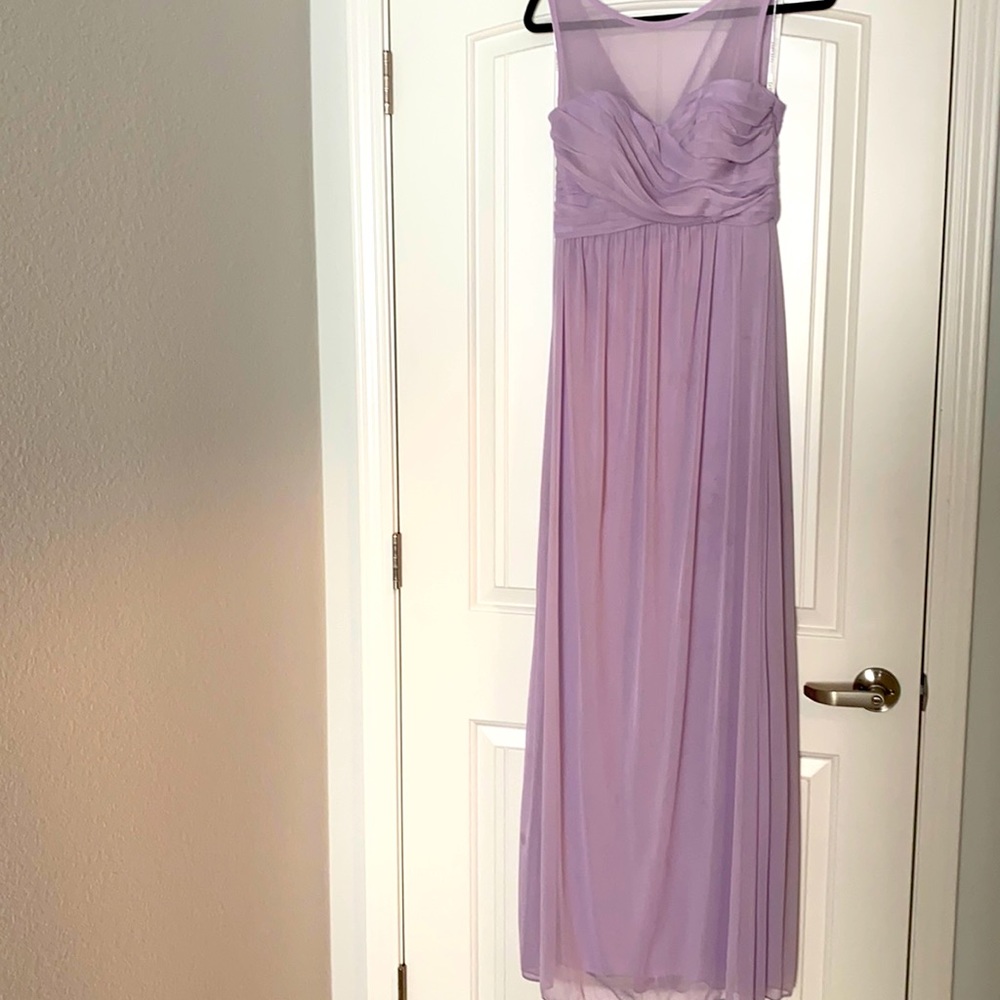David’s Bridal lilac long bridesmaid dress